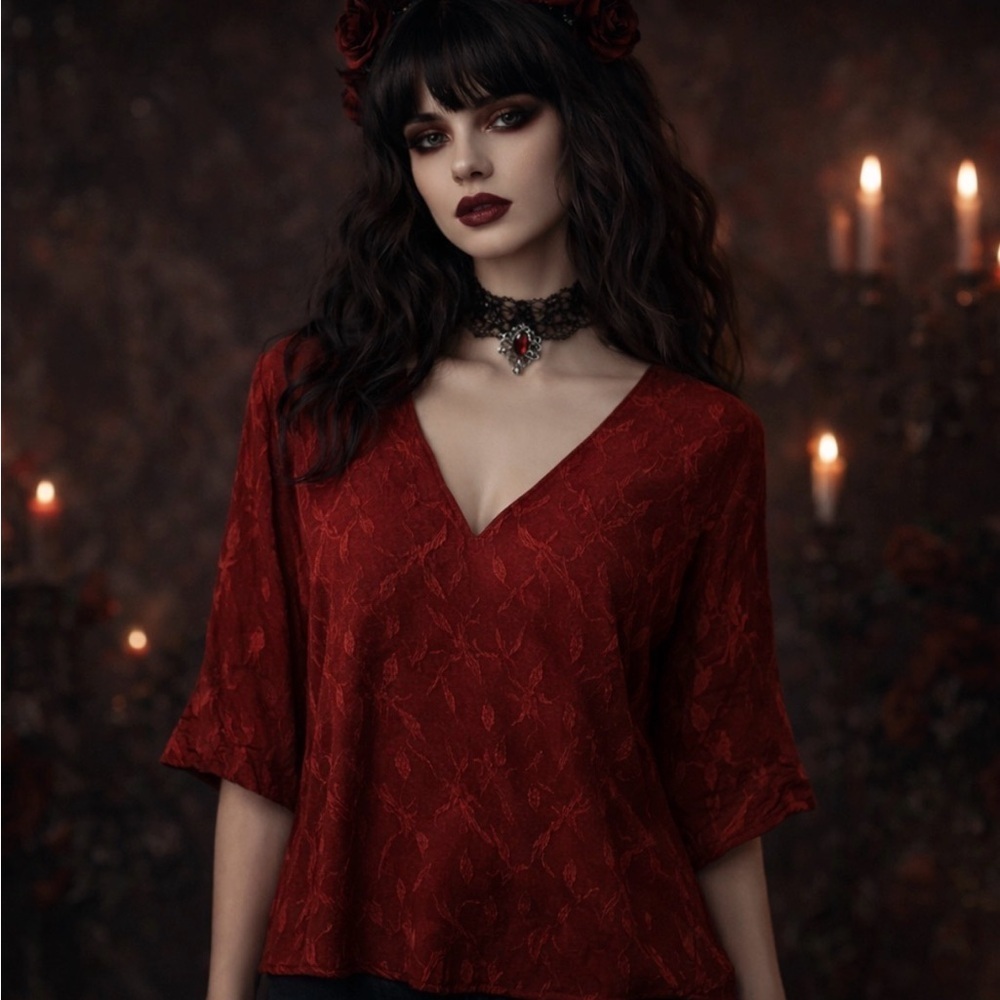 Reformation V-neck 3/4 Bell Sleeve Top Size S Red Dark Romantic Whimsygoth Vamp